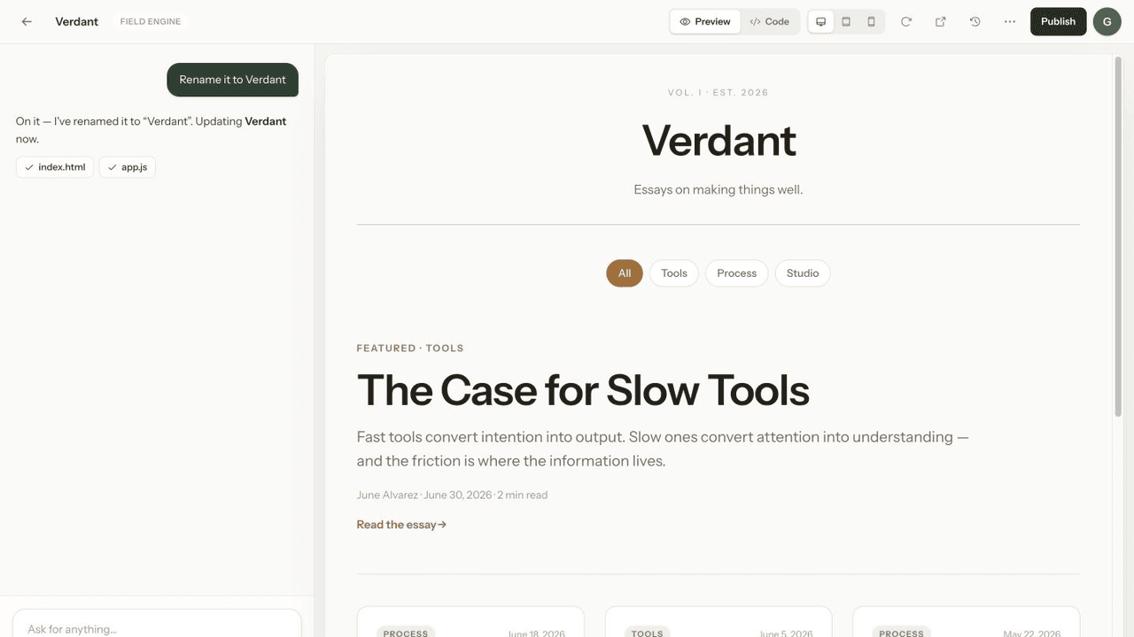 Terrestrial’s live builder showing chat, responsive preview controls, and a generated editorial app