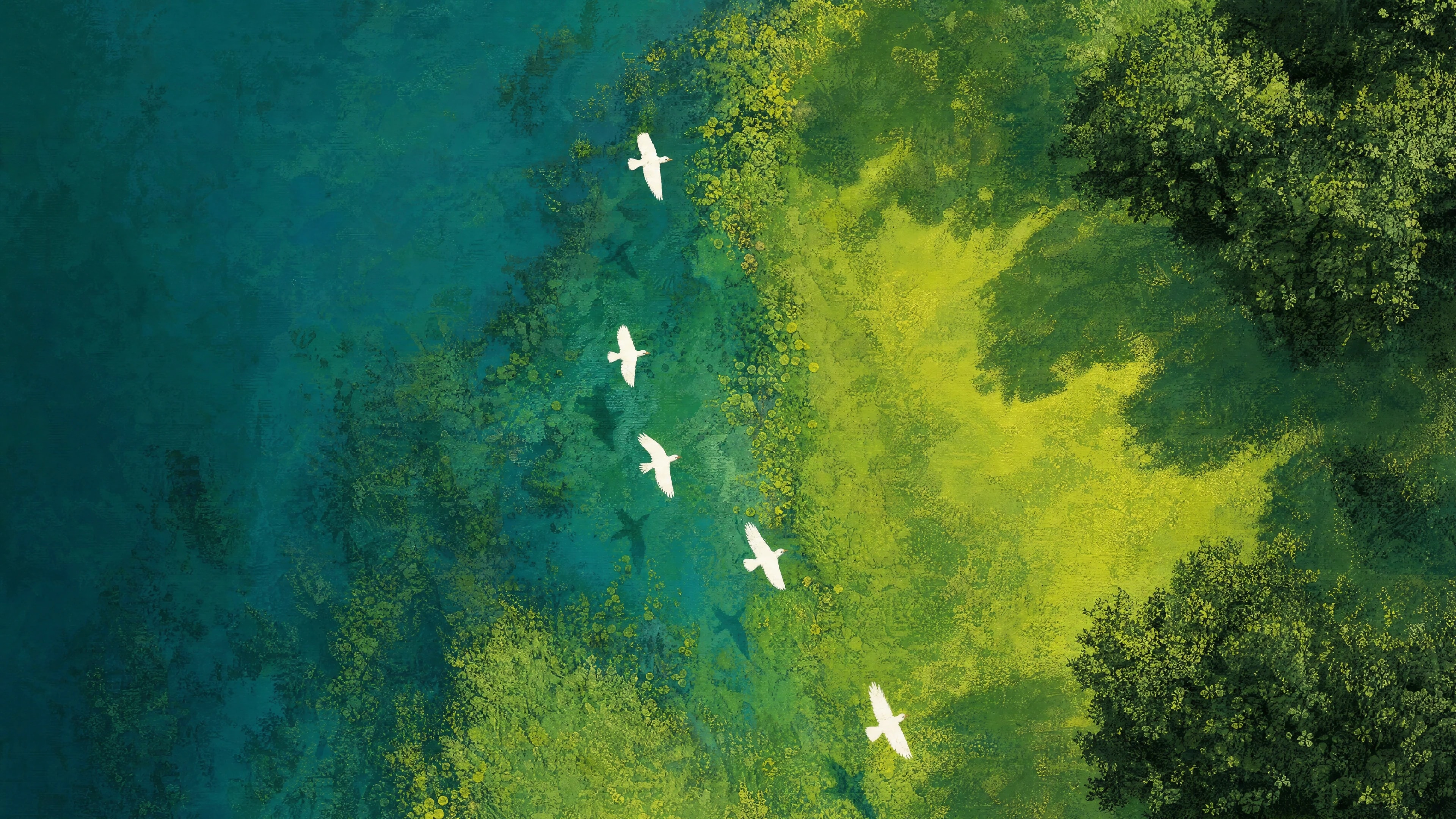 An aerial forest and flock of birds behind the Atlas application