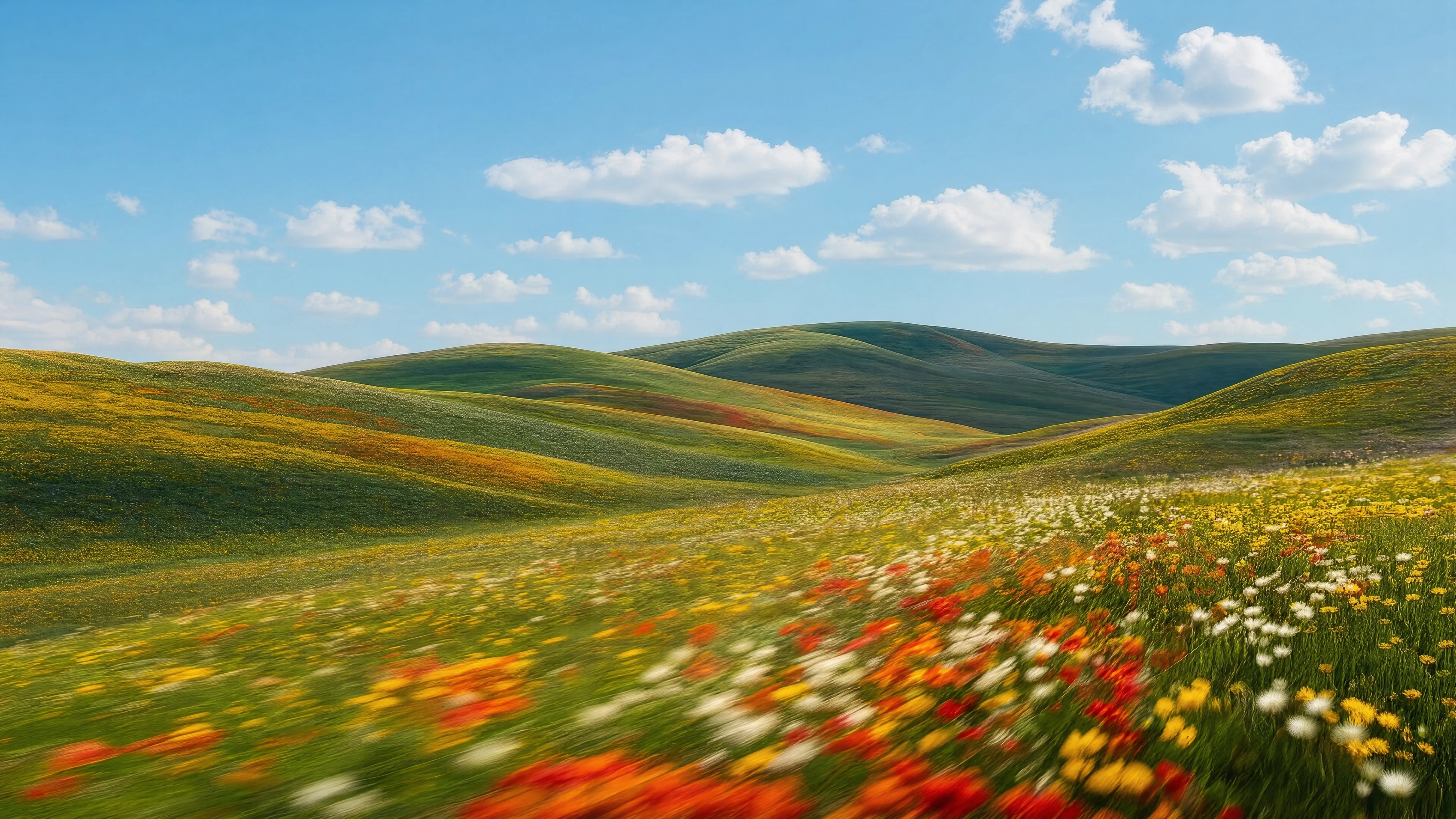 Rolling flower-covered hills behind the generated website preview